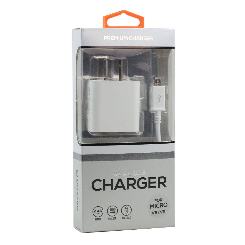 Micro V8V9 2.4A Dual 2 Port House Wall Charger 2in1 with 3FT USB (Wall - White)